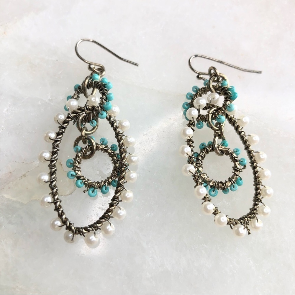 Gorgeous antique gold with pearls & turquoise beads dangle hook earrings